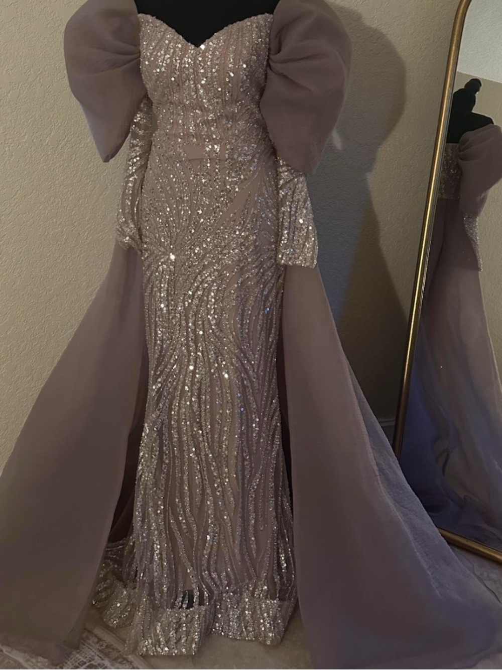 MNM Couture Lavender Sequin Gown with Dramatic Cape Panels